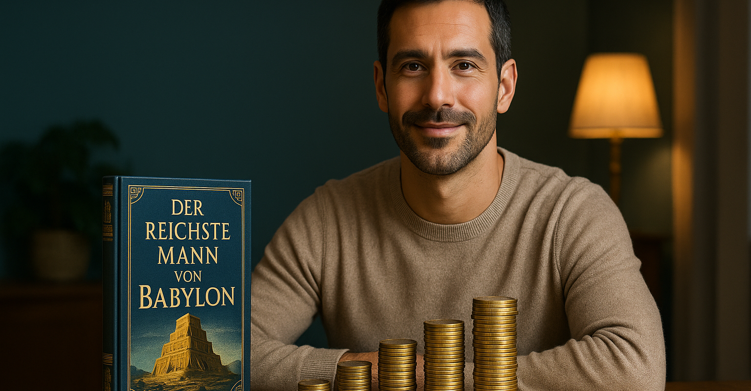 Mann mit Goldmünzstapeln neben dem Buch „Der reichste Mann von Babylon“