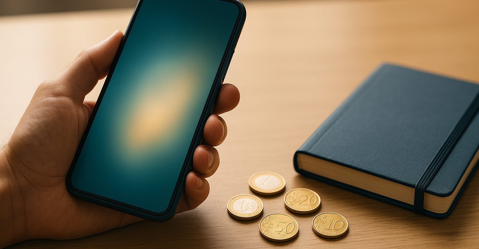 Hand mit Smartphone über Schreibtisch mit Euro-Münzen – Symbolbild für den digitalen Euro