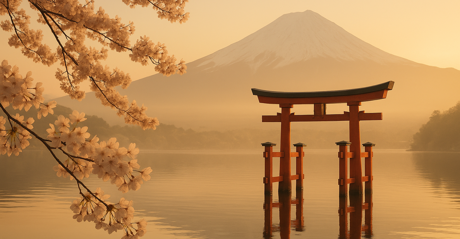 Rotes Torii-Tor an einem See mit Kirschblüten und Fuji im Hintergrund