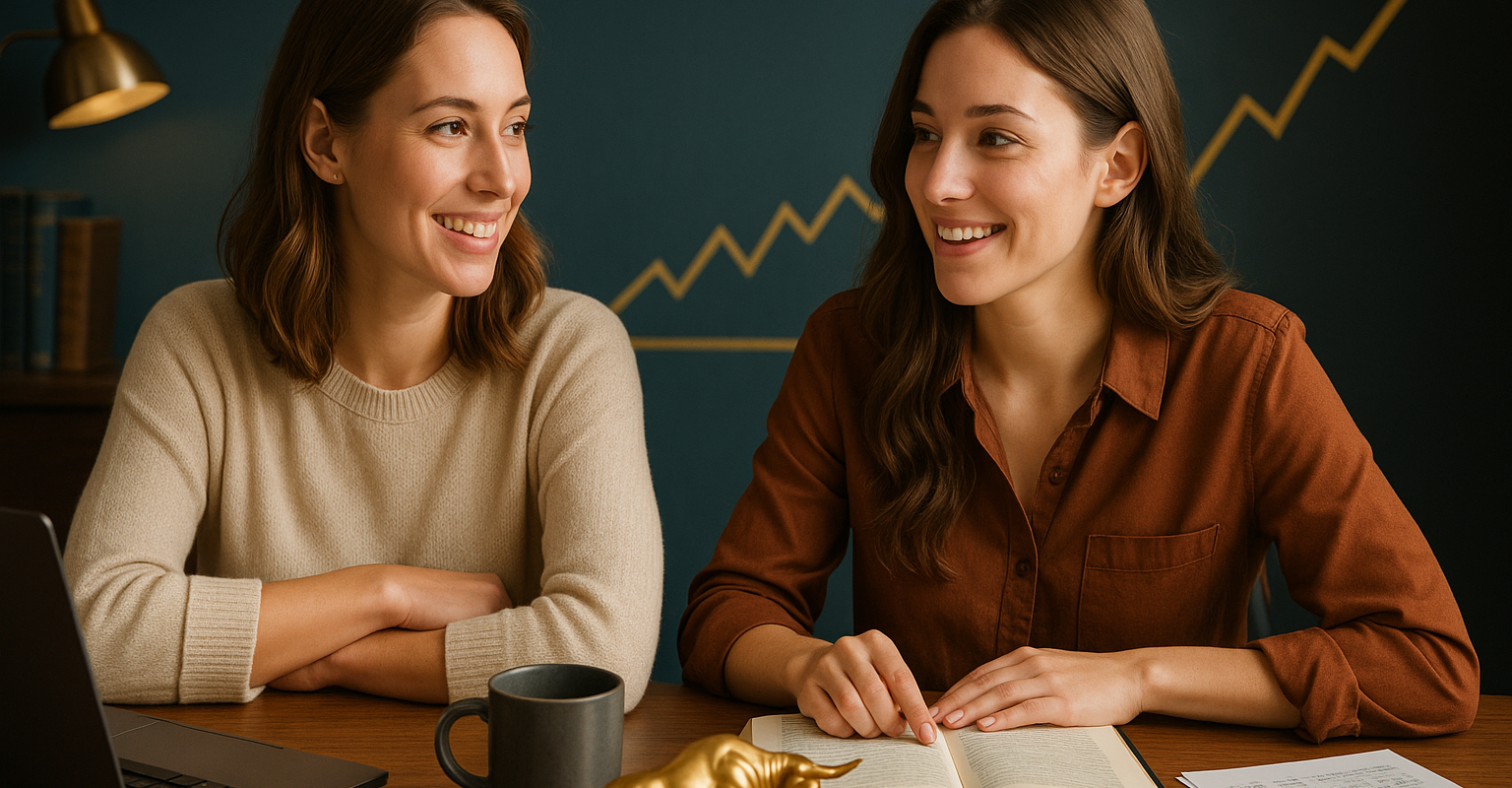 Zwei Frauen besprechen am Laptop ein Buch, davor eine goldene Bullen-Figur, dahinter ein steigender Börsenchart