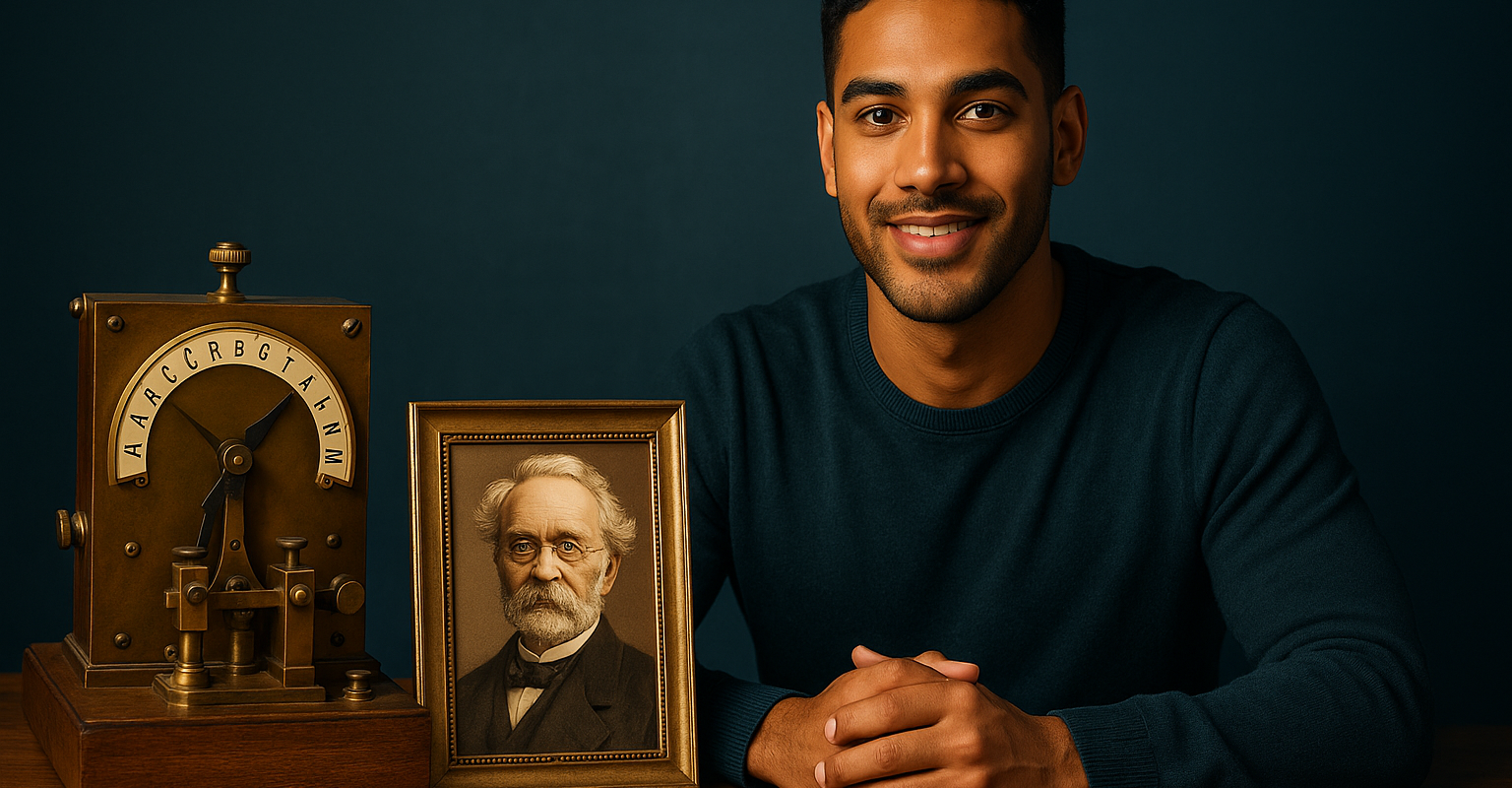 Junger Mann am Schreibtisch neben einem historischen Zeigertelegrafen und einem gerahmten Porträt von Werner von Siemens