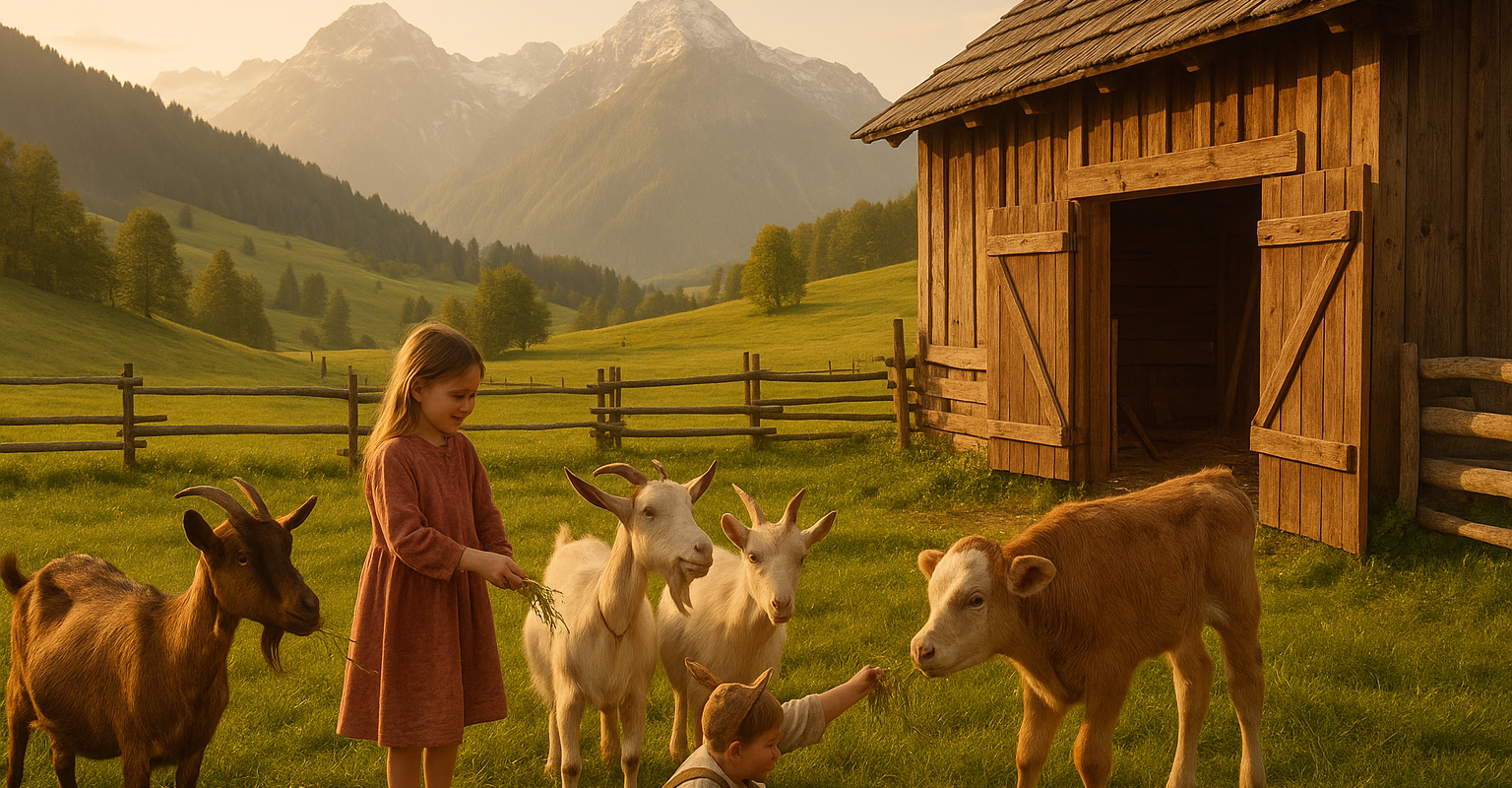 Kinder füttern Tiere auf einem Bauernhof mit Alpenblick – Symbolbild Bauernhofurlaub Allgäu