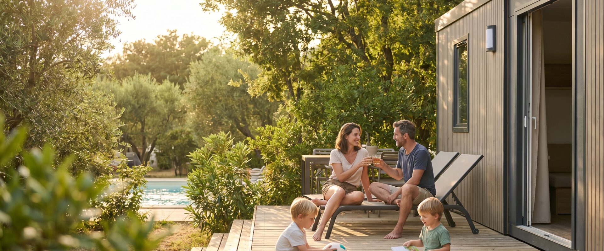 Familie entspannt auf der Terrasse eines Mobilheims im Ferienpark mit Pool – Familienurlaub Unterkunft