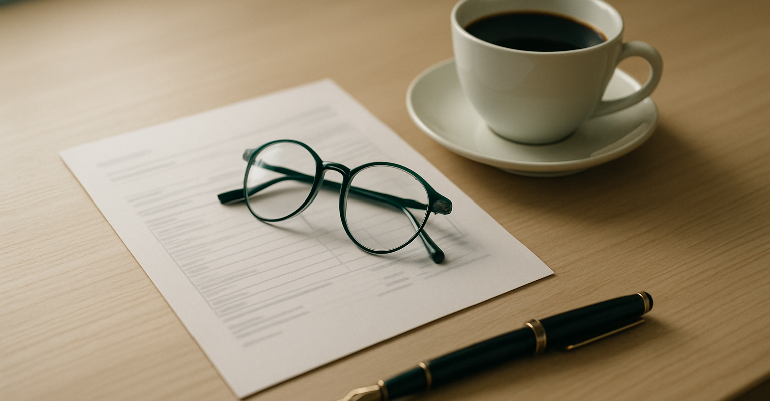 Formular mit Lesebrille, Füller und Kaffeetasse auf einem Holzschreibtisch