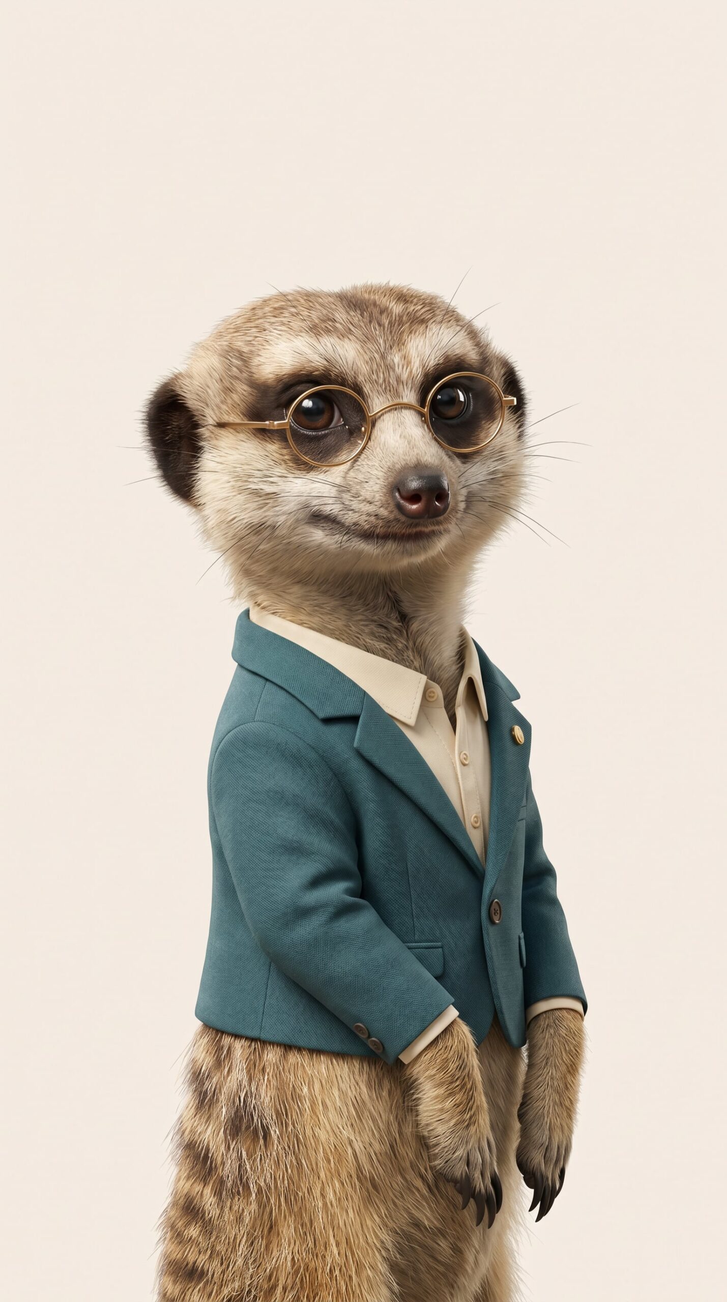 Mara – Erdmännchen im Petrol-Blazer mit runder Goldbrille