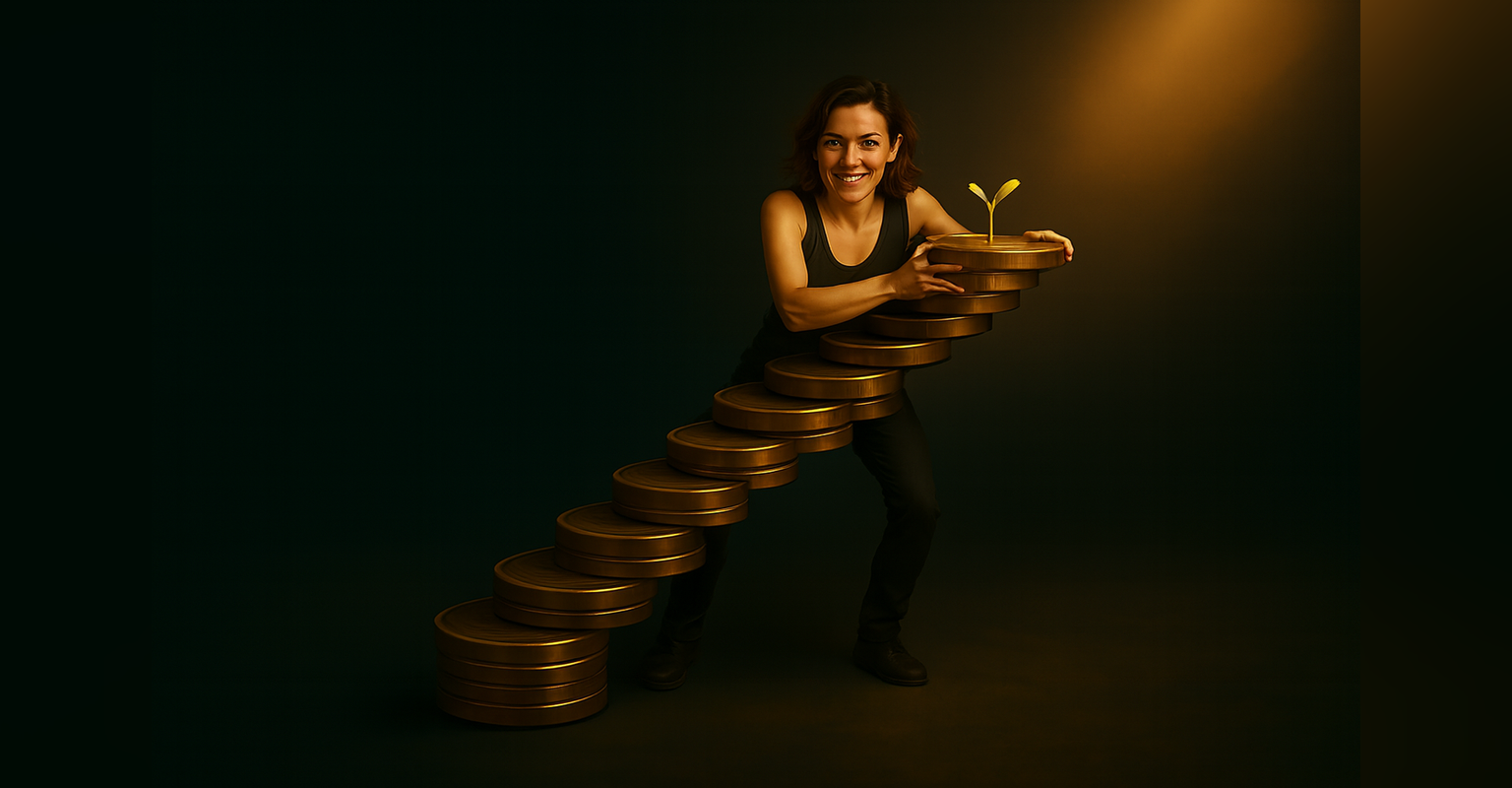 Lena stützt auf einer Treppe aus goldenen Münzen die oberste Münze – Symbolbild für den Finanz-Leitfaden Schritt für Schritt