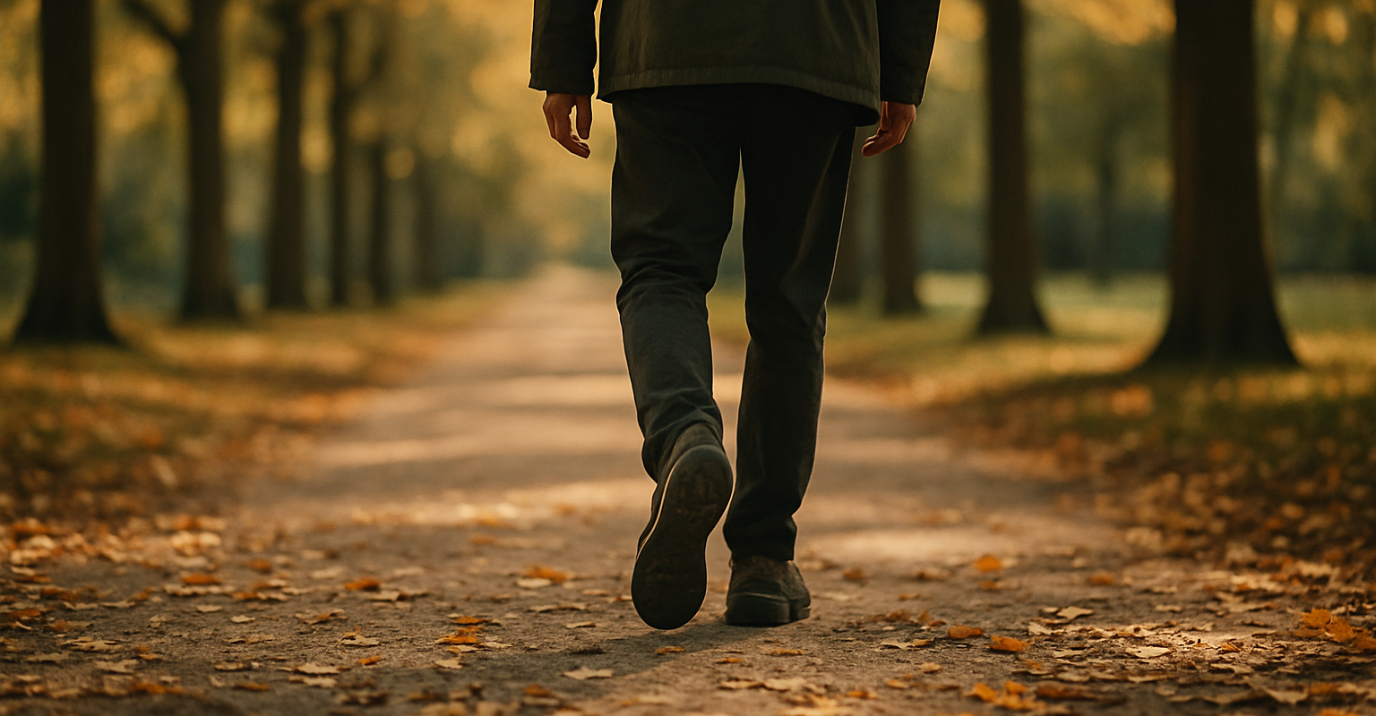 Person geht auf einem von Bäumen gesäumten Weg mit Herbstlaub