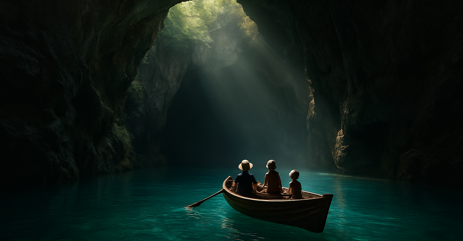Boot fährt in eine Wasserhöhle über türkises Quellwasser – Symbolbild Wimsener Höhle