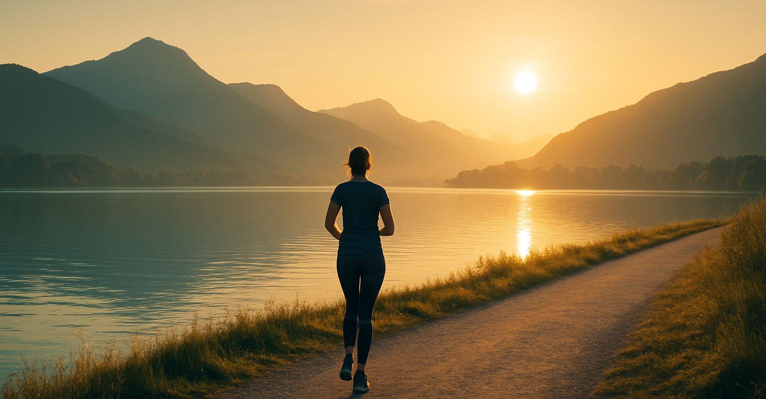 Läuferin joggt bei Sonnenaufgang auf einem Uferweg am See
