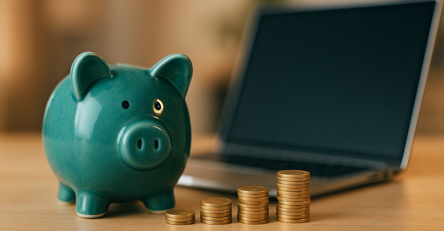 ETF-Sparplan für Einsteiger: Sparschwein und Münzen vor Laptop