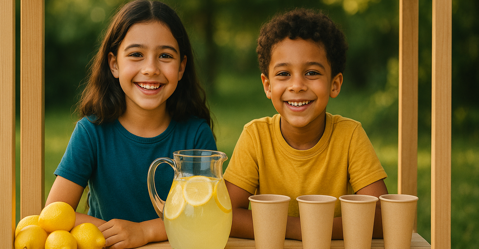 Limonadenstand: Kinder verkaufen Limonade im Garten